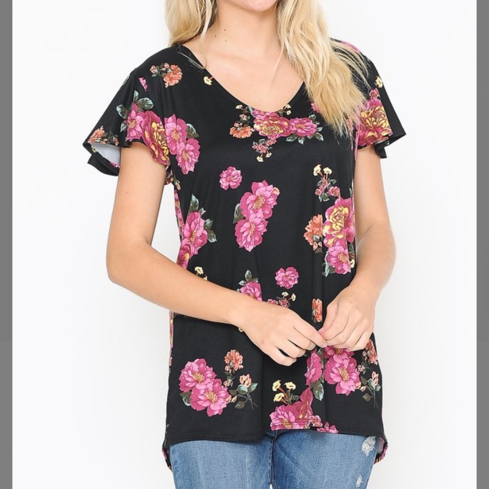Black & Orchid Floral Butterfly-Sleeve V-Neck Top, M
